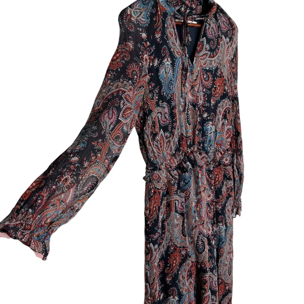 Banana Republic X Olivia Palermo Paisley 100% Silk Dark Boho Midi Dress Witchy - Picture 5 of 13